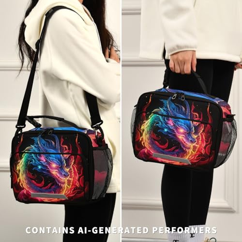 Blue Flame Dragon Kids Lunch Box Insulated Lunch Bags Cooler Tote Bag with Removable Shoulder Strap for Boy Girl Student 20847438 - color: Rainbow Flame Dragon