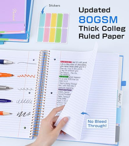 5 Subject Notebook College Ruled,80GSM Paper Thick Hardcover Spiral Notebook Lined Journal with Removable Dividers Tabs,400pages 8.5"x11" Paper Large Notebooks for School Work,3-Hole Punched, Blue - color: Blue
