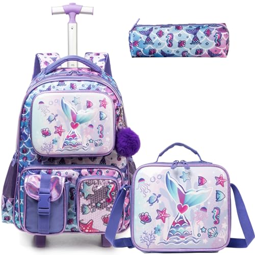 Kids Rolling Backpack for Girls Mermaid Suitcases Trolley Roller Luggage Backpacks on Wheels with Lunch Box Pencil Case for Elementary Multiple Function Pockets Travel school Bag Purple - color: 041121-yuwei