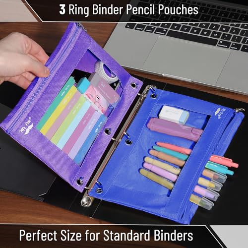 Mr. Pen- Pencil Pouch for 3 Ring Binder, 2 Pack, 10"x6.75", Smooth Zipper | Clear Window, Large Capacity Pencil Case with 3 Reinforced Grommets for School, Office, Supplies Storage | Clear Window, Large Capacity Pencil Case with 3 Reinforced Grommets for