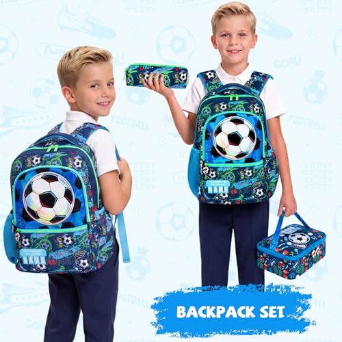 Kids Backpack for Boys with Lunch Box, Cute Soccer Kids Elementary SchoolBag Middle-School Bookbag Back to School Gift - color: Soccer
