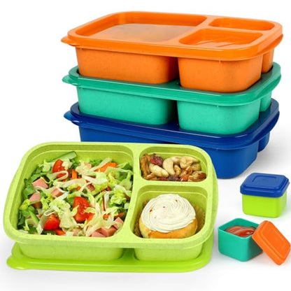 Caperci Bento Lunch Box Containers for Adults & Kids - 3-Compartment Reusable Meal Prep Containers with 2Pc Sauce Containers for School, Work, Travel, Wheat Straw, Set of 4 (Jewel Brights) - color: Jewel Brights