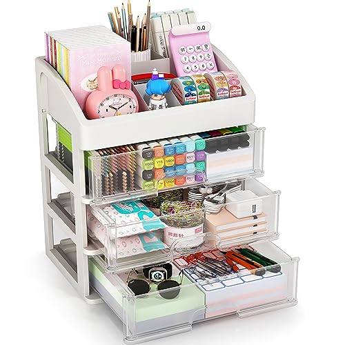 Desk Organizer with Drawers, 3 Drawers Storage Organizer, Desktop Storage Drawers for Office/School Supplies, Plastic Stationary Makeup Organizer, Desk Storage Box for Office, School, Home - color: 4 Layers with 3 Drawers