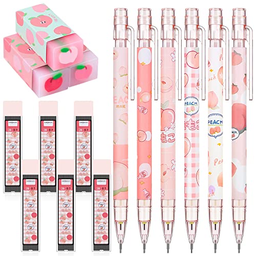 15 Pcs Kawaii Mechanical Pencil Set First School Gift Pen Include Peach Mechanical Pencils with Tubes Pencil Refills Cute Juice Peach Eraser School Supplies for Sketching Architecture Drawing (0.7 MM)