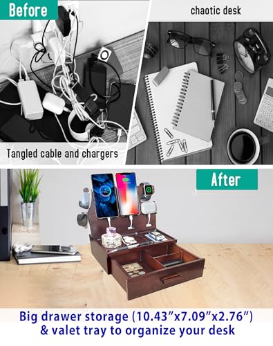 Nightstand Organizer with Drawer Built in 4 USB Charger, Wood Phone Docking Station with Dual Phone Charging Station for Apple Android Phones Anniversary Birthday Gifts for Men Dad Hunsband Mom