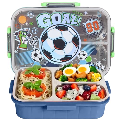 Stainless Steel Bento Lunch Box for Kids, 800ml/27oz BPA-Free Leak-Proof Food Containers with 3 Compartments, Freezer & Dishwasher Safe, Back to School Students Lunches Size for Ages 3-7 - color: B11. Soccer