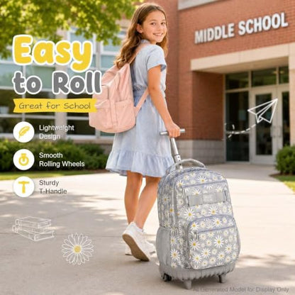 gxtvo Womens Rolling Backpack for Girls, Wheeled Bookbag with Lunch Box for Adults, Water Resistant Roller School Bag for College Teens Kids Travel - Grey - color: Chrysanthemum Grey