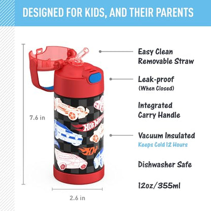THERMOS FUNTAINER Water Bottle with Straw - 12 Ounce - Kids Stainless Steel Vacuum Insulated Water Bottle with Lid, Hot Wheels - color: Hot Wheels