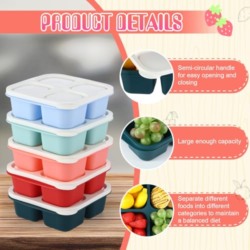 Honeydak 5 Pack Snack Containers 4 Compartment Bento Snack Boxes Reusable Lunchable Containers with Lids Divided Meal Prep Lunch Food Storage Box for School Work Travel(Melon,Equal) - color: Melon, style: Equal
