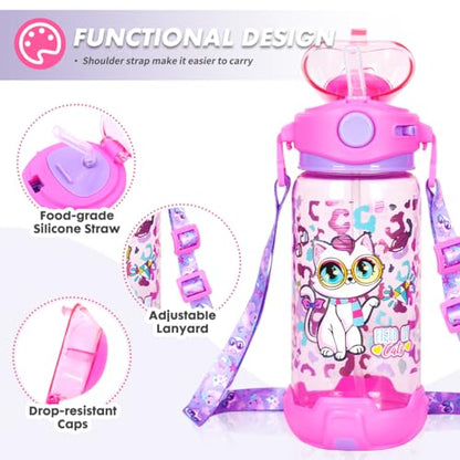 Kids Water Bottle with Straw/Lanyard for School Kids Girls Boys, 22oz BPA Free Child Drinking Water Bottle One-Click-Open Leak-Proof Locking Flip Lid for School Sport Travel - color: Cat