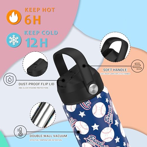 Boys Baseball Water Bottle for School，Kids 18 oz Insulated Stainless Steel Cup with Straw, Double-Wall Vacuum Leakproof - color: C14.Baseball
