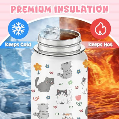 Cat Gifts for Girls Women, 18oz Cats Water Bottle with 2 Lids (Spout and Straw Lid), Kids Insulated Stainless Steel Cat Lovers Tumbler Cup, Birthday Gifts for Women Teen Girl - color: Cat-1