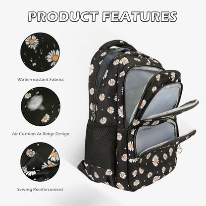 Glodwheat Daisy Printed Backpack For Girls- 3Pc Set With Lunch Box & Pencil Case, Lightweight Water-Resistant Bookbag For Elementary School - color: Black