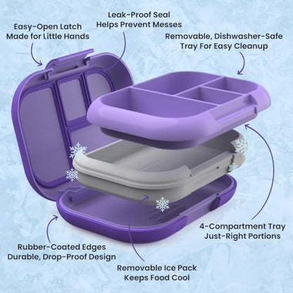 Bentgo Chill Kids Leakproof Lunch Box - 4-Compartment Bento Box with Built-In Ice Pack, 3.3 Cup Capacity, BPA-Free, Microwave & Dishwasher Safe Tray, Ages 3–7 (Purple) - color: Purple