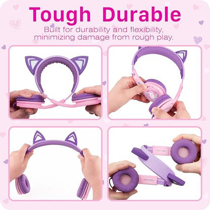 FosPower Kids Headphones with LED Cat Ears (85dB Safe Volume Limit), 3.5mm Soft On-Ear Wired Headphones with Tangle-Free Laced Cables for iPad/Tablet/School/Travel - Baby Pink/Lavender - color: 03 - Baby Pink/Lavender