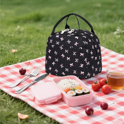 LEDAOU Kids Lunch Bag for Girls, Insulated School Lunch Box, Lightweight | Insulated interior, lightweight design, front pocket, smooth dual zippers, ideal for school and travel - color: Black Bow