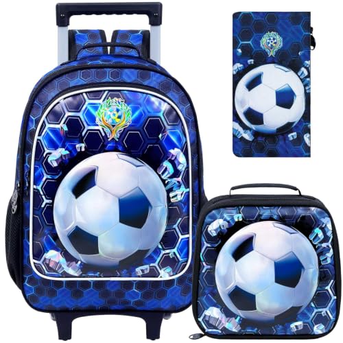 CCJPX 3PCS Soccer Rolling Backpack for Boys, Roller School Bookbag with Lunch Box, Football Water Resistant Wheeled Backpacks for Teens Elementary Travel-Blue - color: Blue Football