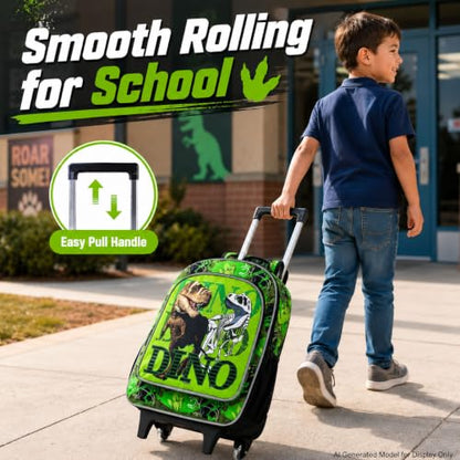 CCJPX 3PCS Dinosaur Kids Rolling Backpack Boys, School Bookbag with Wheels, Travel Roller Wheeled Backpacks for Toddler Elementary-Green - color: Dinosaur Green