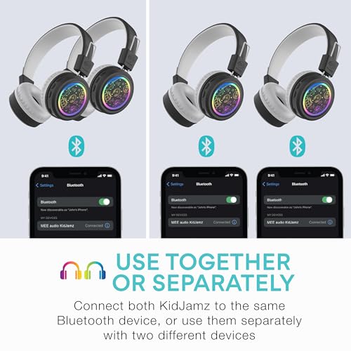 MEE audio KidJamz Share Bluetooth Headphones for Kids with LED Lights, 85dB Volume Limiter, Microphone, 40h Battery; Childrens Headset for School/iPhone/iPad/Tablet (Model: KJ55BT-S, 2-Pack) - color: Black, style: Share (2-Pack)