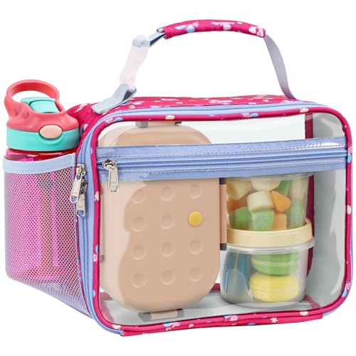 Bagseri Clear Kids Lunch Bag - School Snack Bag with Bottle Holder | Side Pocket, Buckle Handle, Wide Opening, PEVA Lining, School Kids Lunch Box, Clear Toy Bags, Pink Butterfly - color: A-rosepink butterfly