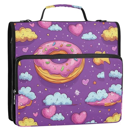 Boccsty Pink Donut Hearts Zipper Binder 3 Ring Binders Expanding File Folder Multi-Pocket Zipper Binder Organizer for School Shoulder Strap and Handle - color: Multicolored 12