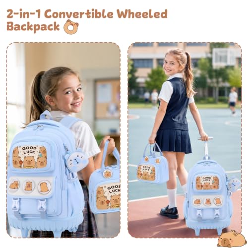 Capybara Rolling Backpack for Girls - 3PCS Girls Backpack Kids Suitcase with Lunch Box & Pencil Case Travel - Capybara Backpack with Wheels for Kindergarten Preschool Elementary (Blue) - color: Blue