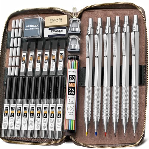 30PCS Silver Metal Mechanical Pencil Set in Leather Case, 0.5/0.7/0.9/2.0mm Art Drafting Pencils with 16 Tubes Graphite Leads (6B 4B 2B HB 2H 4H) & Colored Refills for Sketching, Drawing, Writing - color: Silver, style: 0.5 0.7 0.9 2.0