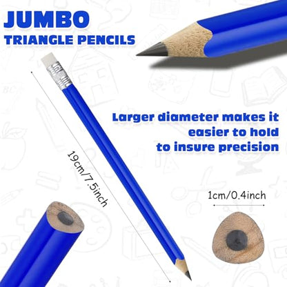 Fainne 102 Pieces Jumbo Pencils Set for Kids Toddlers 96 Thick Fat Large Pencils with Erasers 6 Sharpeners Bulk for Preschool Kindergarten Elementary School Classroom(Blue,Triangle) - color: Blue, style: Triangle
