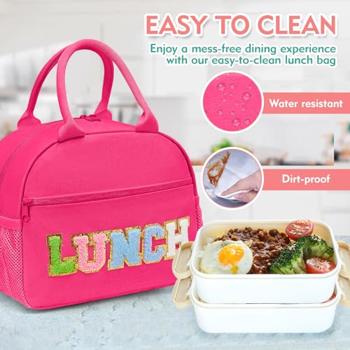 Lunch Bag for Girls and Women, Cute Preppy Lunch Bag with Chenille Letters, Insulated Large Capacity Lunch Tote with Detachable Strap for School, Work & Picnic, Rose Red - color: Rose Red