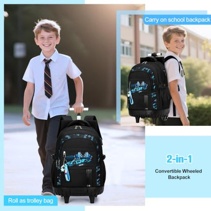 ACESAK Rolling Backpack for Boys, Kids Backpack with Wheels Portable with Insulated Lunch Box & Pencil Case, Multi-Pocket Roller Backpack for Preschool Kindergarten Kids Boys Travel(Blue Car) - color: Blue Car