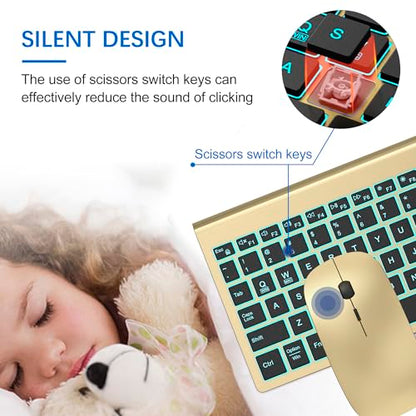 Wireless Backlit Keyboard and Mouse Ultra Slim Combo, TopMate 2.4G Silent Compact 2400DPI Mouse and Scissor Switch Keyboard Set, Batteries Included, for PC/Laptop/Windows/Mac/Gaming - BL Gold Black - color: BL Gold Black