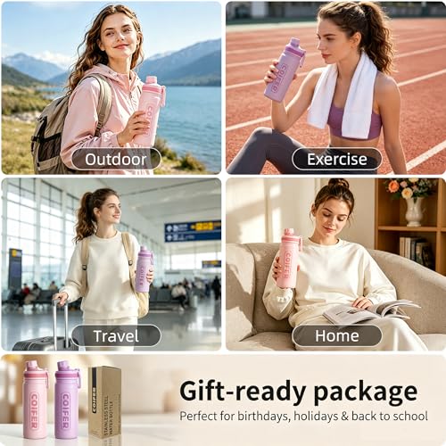 22 oz Insulated Water Bottle, Lightweight Stainless Steel Vacuum with Handle, Leakproof Dustproof Spout Lid, Wide Mouth BPA-Free, Cute for School Yoga Travel Commute Gifts for Women Girls - color: Purple