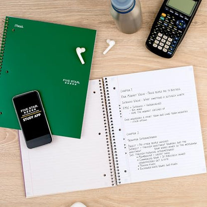 Five Star Spiral Notebook + Study App, 3 Subject, College Ruled Paper, Fights Ink Bleed, Water Resistant Cover, 8-1/2" x 11", 150 Sheets, Green (72067) (Pack of 6) - color: Green, size: 1 Count (Pack of 6)