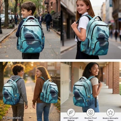 Cool Shark Backpack for Boys Girls Kids Backpack with Lunch Box Water Bottle Carrier and Cute Pencil Case 4PCS Set Bookbag with Front Pocket for School 17 inch Large School Bag Graduation - color: Cool Shark