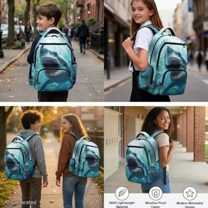 Cool Shark Backpack for Boys Girls Kids Backpack with Lunch Box Water Bottle Carrier and Cute Pencil Case 4PCS Set Bookbag with Front Pocket for School 17 inch Large School Bag Graduation - color: Cool Shark