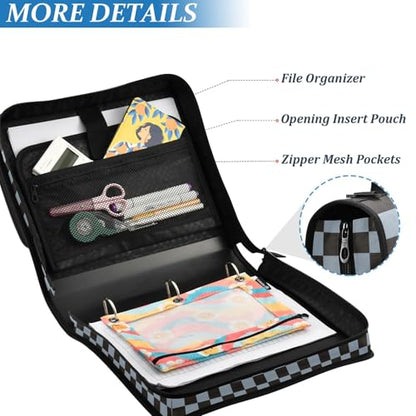 Dark Blue Black Checkered Binder Bag 3 Ring Zipper Binders with Shoulder Strap for School Office Organizer Storage - color: Q014