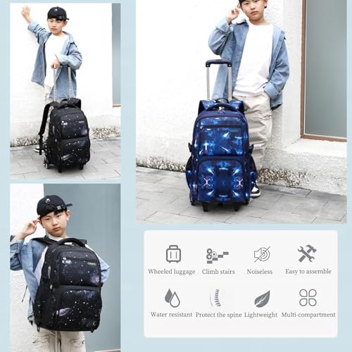 Boys Rolling Backpacks Kids' Luggage Wheeled Bags Kids Trolley School Bags Fashion Space Starry Sky Printed Durable Bookbag - color: Blue-space, style: 2 Wheels+backpack