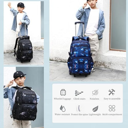 Boys Rolling Backpacks Kids' Luggage Wheeled Bags Kids Trolley School Bags Fashion Space Starry Sky Printed Durable Bookbag - color: Blue-space, style: 2 Wheels+backpack