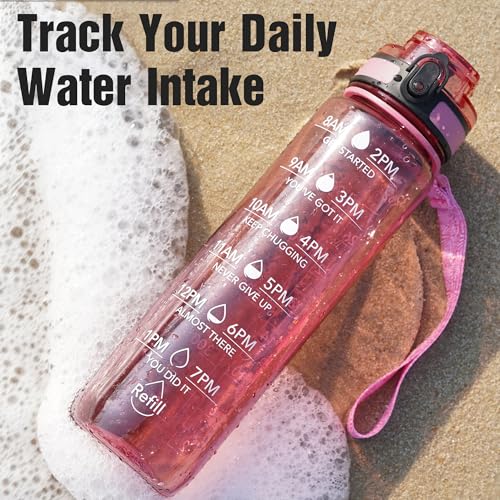 OLDLEY Water Bottle, 32oz Motivational Sports Water Bottle with Time Marker - Times to Drink - Tritan, BPA Free, Wide Mouth Leakproof,Clear Red - color: Clear Red