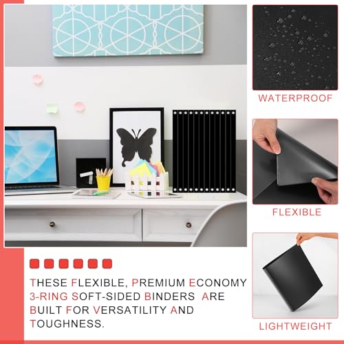 Fulmoon 50 Pcs 3 Ring Binders Bulk with 2 Interior Pockets Round Soft Flexible Ring Binders Holds 175 Sheets with Clear Cover for Office School(Black,1 Inch)
