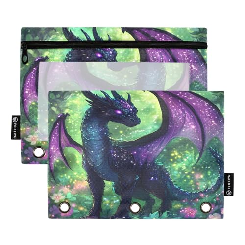 2 Pack Pencil Pouch for 3 Ring Binder Forest Purple Dragon Pencil Case Pouch with Clear Window Zipper Binder Pencil Pouches Pen Bag for Office School Supplies - color: Forest Purple Dragon