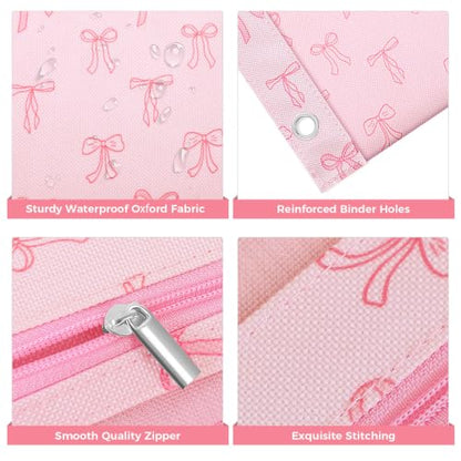 SKYDUE 3 Ring Pencil Pouch for Binder, Zipper Binder Pencil Pouch with 3 Pockets and Mesh Window, Durable Organizer for School Supplies, Cables, Earbuds, Makeup - color: Pinkbow
