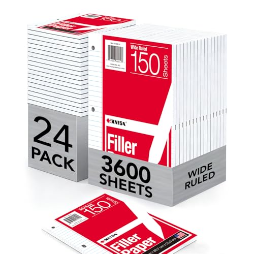 Kaisa Notebook Paper USA-Made Loose Leaf Paper, 24 Pack 3600 Sheets 8"x10.5" Wide Ruled - 3-Hole Punched Bulk Filler Paper for 3-Ring Binder, 150 Sheets/Pack, Wholesale Available(24Pack-Wide) - color: Wide, size: 24pack