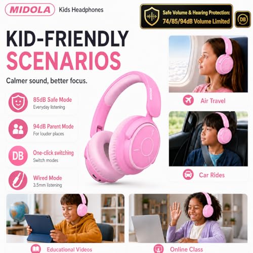MIDOLA Kids Bluetooth Headphones 68H Play Time,Volume Limit 85/94dB, Foldable Lightweight Wireless Over-Ear Headphone for Kid Toddler Child Pad Tablet,Headsets with Built-in Mic Pink - color: Pink