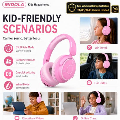 MIDOLA Kids Bluetooth Headphones 68H Play Time,Volume Limit 85/94dB, Foldable Lightweight Wireless Over-Ear Headphone for Kid Toddler Child Pad Tablet,Headsets with Built-in Mic Pink - color: Pink