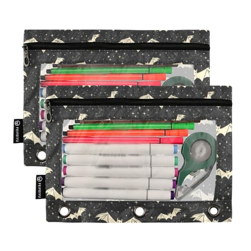Binder Pencil Pouches, Bats and Stars Pencil Case with Clear Window 3 Rings Pen Case Holder School Office Supplies Cosmetic Makeup Bag - color: Bats and Stars