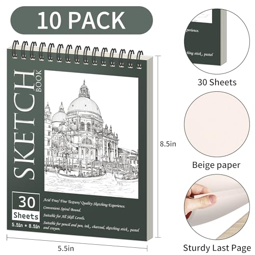 OSIMIG 10 Pack 5.5" x 8.5" Sketch Books, 300 Sheet Drawing Paper, Mini Sketchbook for Kids, Drawing Pad, Top Spiral Bound Sketch Pad for Beginger, Adult Art Supplies - size: 10 Pack