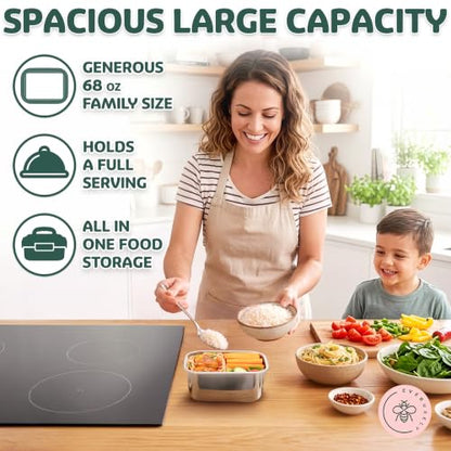 Everusely - Extra Large Stainless Steel Food Container + Snap Lock Lid - 68 oz - Airtight Food Storage Box - Meal Prep, Vegetables, Travel Lunch, Marinating Meat - Microwave, Oven, Refrigerator Safe - size: 2000mL