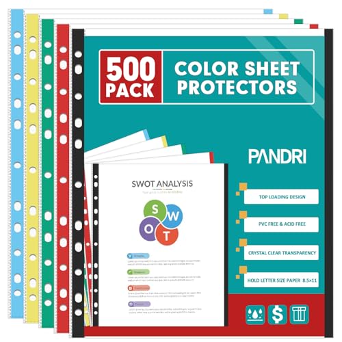 Sheet Protectors, PANDRI 500 Pack Color Heavy Duty Plastic Page Protectors Sheet Reinforced 11-Hole Fit for 3 Ring Binder Fits Standard 8.5 x 11 Paper, 9.25 x 11.25 Top Loaded, Excluding Acid - size: 500 PACK
