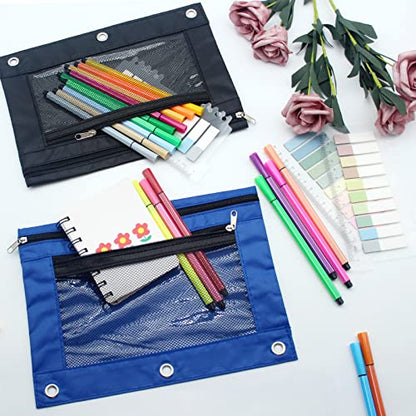 Pencil Pouch 3 Ring Binder Pouch Zippered Pencil Case Canvas Pencil Bag with 2 Compartments (Set of 2, Black and Blue) - color: Black and Blue